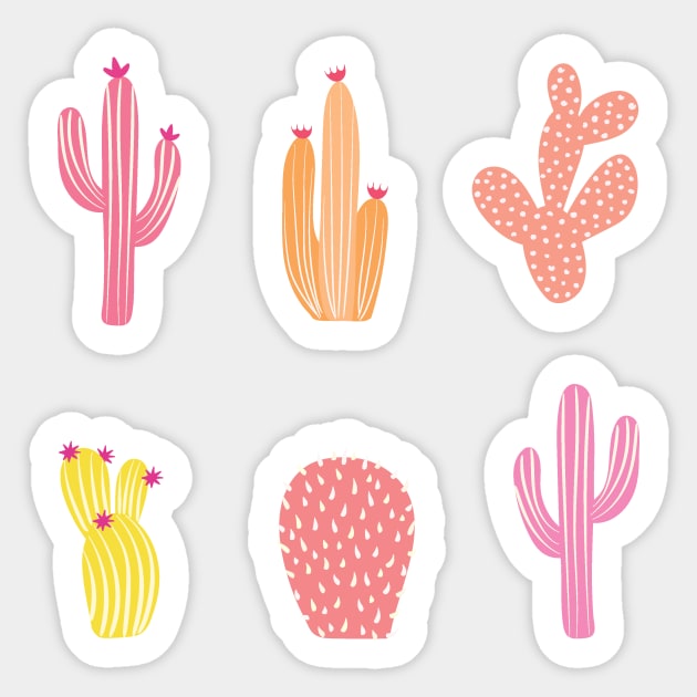 Cheerful girly cactuses, desert illustration. Sticker by sziszigraphics